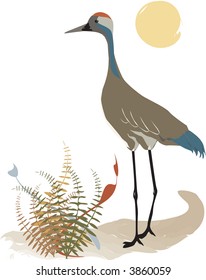 Crane stands in natural setting in this vector illustration.