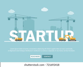 Crane and startup building. Infographic Template. Vector Illustration.