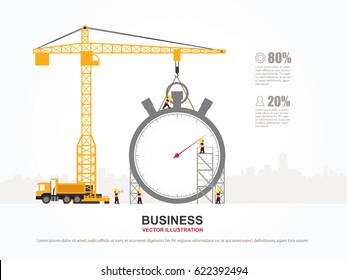 Crane and stopwatch building. Infographic Template. Vector Illustration.