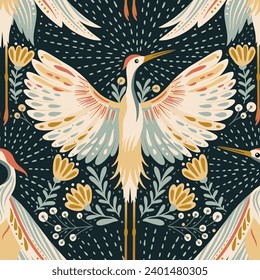 Crane Stork Bird Art Deco Vector Vintage Boho Seamless Pattern. Bohemian elegant background