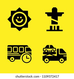 crane, sun, bus and christ vector icon set. Sample icons set for web and graphic design