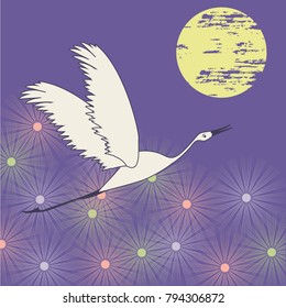 Crane - sun in grunge style - abstract floral background - vector art illustration. Spring poster
