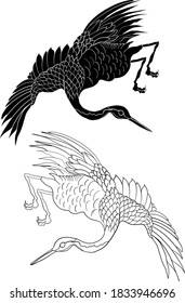 Crane and sunrise vector illustration for T-shirt.Beautiful line art of nature for printing on shirt.Asian art for doodle and painting on background.