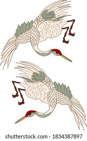 Crane and sunrise vector illustration for T-shirt.Beautiful line art of nature for printing on shirt.Asian art for doodle and painting on background.