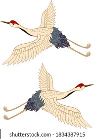 Crane and sunrise vector illustration for T-shirt.Beautiful line art of nature for printing on shirt.Asian art for doodle and painting on background.