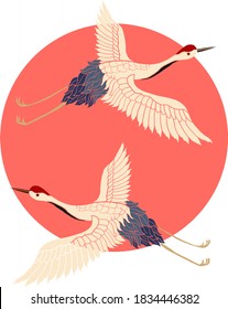 Crane and sunrise vector illustration for T-shirt.Beautiful line art of nature for printing on shirt.Asian art for doodle and painting on background.