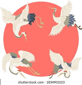 Crane and sunrise vector illustration for T-shirt.Beautiful line art of nature for printing on shirt.Asian art for doodle and painting on background.