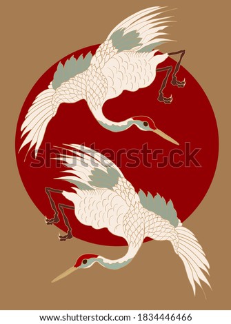 Crane and sunrise vector illustration for T-shirt.Beautiful line art of nature for printing on shirt.Asian art for doodle and painting on background.