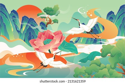 Crane surrounds food in steamer, surrounded by mountains and clouds, vector illustration, chinese style festival illustration