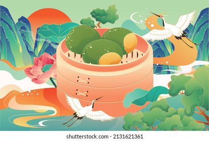 Crane surrounds food in steamer, surrounded by mountains and clouds, vector illustration, chinese style festival illustration