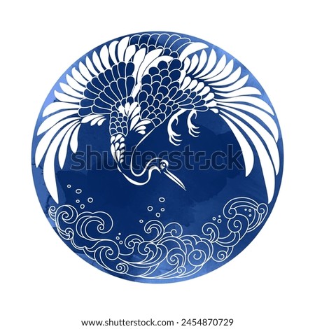 Crane taking off above the peonies and chrysanthemums - round, circular pattern. Image in ancient Southeast Asian style, plate design