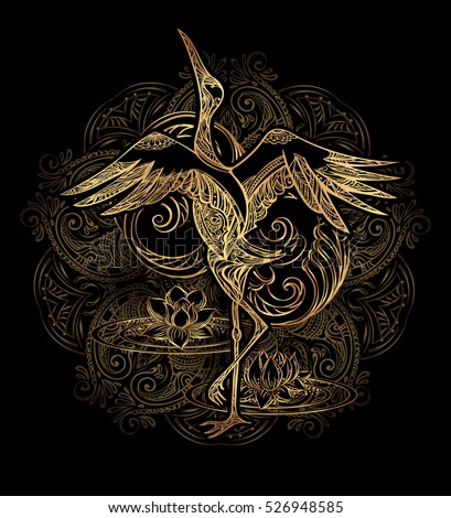 Crane tattoo with lotus on background mandala. Gold on black