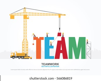 Crane And Team Building. Infographic Template. Vector Illustration.