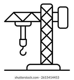 Crane thin line icon, building construction concept. Vector graphics. Industrial crane with hook, build sign on white background, linear style for mobile or design