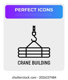 Crane thin line icon. Modern vector illustration of building equipment or logistics service.
