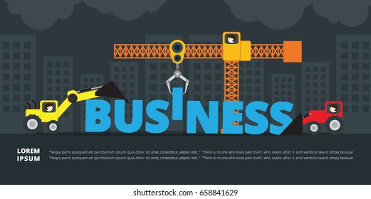 Crane and Tractor of Business building. Vector Illustration.