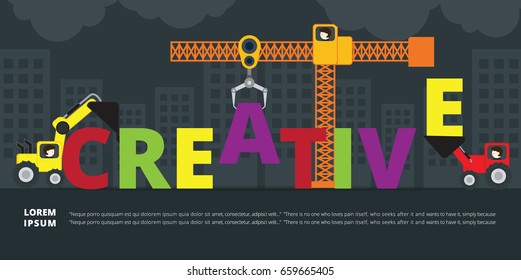 Crane and Tractor of Creative building. Infographic Template. Vector Illustration.