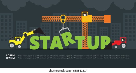 Crane and Tractor of Startup building.Vector Illustration.