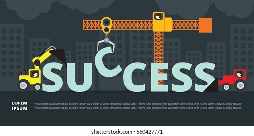 Crane and Tractor of Success building. Infographic Template. Vector Illustration.
