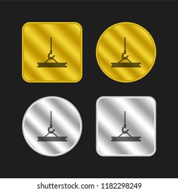 Crane transporting construction material for a building, gold and silver metallic coin logo icon design
