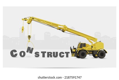Crane truck building machinery.Vector illustration of heavy industrial equipment.