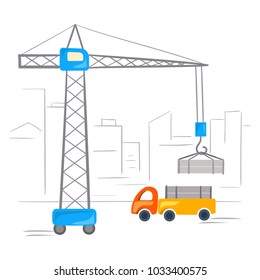 crane, truck, building. vector illustration