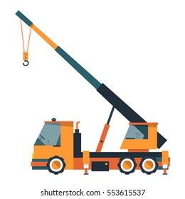 The crane truck. Construction equipment in flat style. Vector illustration isolated on white background