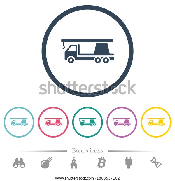 Crane truck flat color icons in round outlines.\
6 bonus icons included.