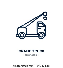 crane truck icon from construction collection. Thin linear crane truck, crane, truck outline icon isolated on white background. Line vector crane truck sign, symbol for web and mobile