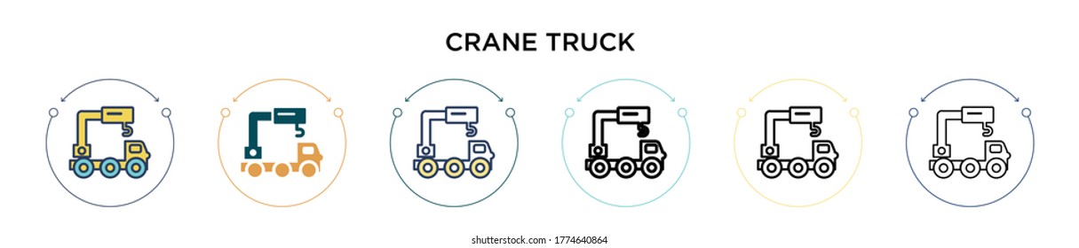 Crane truck icon in filled, thin line, outline and stroke style. Vector illustration of two colored and black crane truck vector icons designs can be used for mobile, ui, web