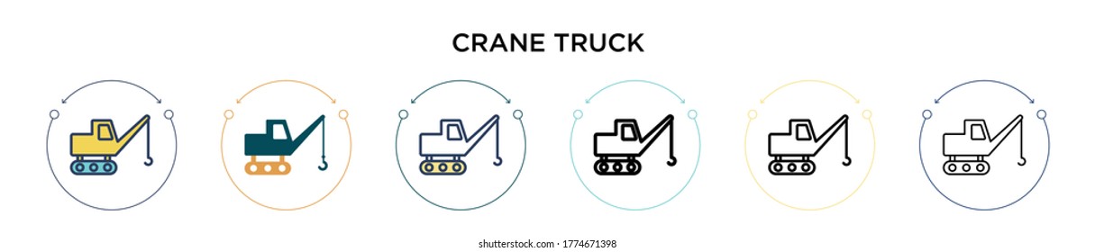 Crane truck icon in filled, thin line, outline and stroke style. Vector illustration of two colored and black crane truck vector icons designs can be used for mobile, ui, web