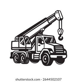 Crane Truck Icon, Heavy Duty Mobile Crane, Construction Lifting Vehicle, Outline Crane Truck Illustration