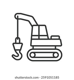 Crane truck, icon in line design. Crane, truck, crane truck, construction, lifting, heavy, machinery on white background vector. Crane truck editable stroke icon