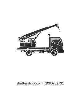 Crane Truck Icon Silhouette Illustration. Construction Vehicle Vector Graphic Pictogram Symbol Clip Art. Doodle Sketch Black Sign.