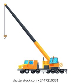 Crane Truck Isolated on White. Mobile Crane Car Side View. Construction Vehicle. Plastic Children Toy. Heavy Building Machine. Industrial Equipment. Flat Vector Illustration