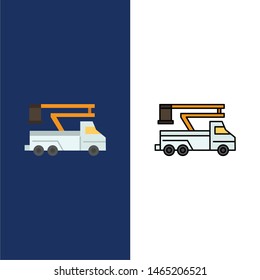 Crane, Truck, Lift, Lifting, Transport  Icons. Flat and Line Filled Icon Set Vector Blue Background. Vector Icon Template background