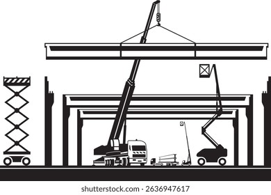 Crane truck and lifting machinery on construction site – vector illustration