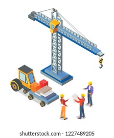Crane and truck loaded with containers, workers talking vector Construction machinery, tower from steel with hook to lift blocks. Building industry