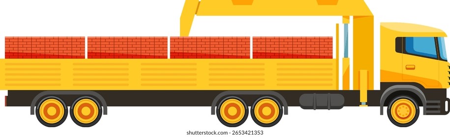 Crane truck loading bricks on flatbed truck for construction and building, cargo delivery and transportation service, heavy vehicle and industrial machinery