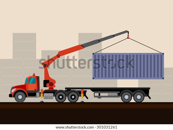 Crane truck loading\
container cargo box on trailer. Side view mobile crane truck vector\
illustration