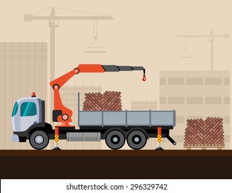 Crane truck loading a pack of bricks on construction background. Side view mobile crane truck vector illustration