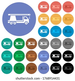 Crane truck con iconos planos multicolores sobre fondo redondo. Se incluyeron variaciones de iconos blancos, claros y oscuros para efectos de estado activo y de movimiento, y tonos extra.