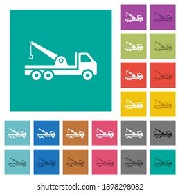 Crane truck multi colored flat icons on plain square backgrounds. Included white and darker icon variations for hover or active effects.