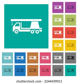 Crane truck multi colored flat icons on plain square backgrounds. Included white and darker icon variations for hover or active effects.