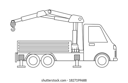 Crane truck outline isolated on white background. Coloring page. Vector illustration.