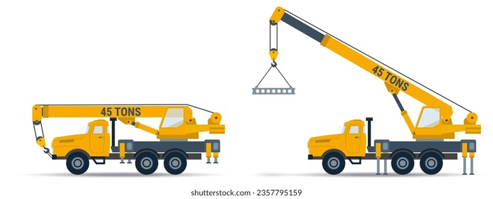 Crane truck. Side view with two positions - folded transport and  lifting the load. Construction vehicle - easy editing vector mockup for animation and illustrations. Lifting machine isolated on white