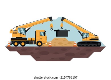 Crane truck and telescopic crane moving heavy objects, heavy machinery used in the construction and mining industry. safety cones