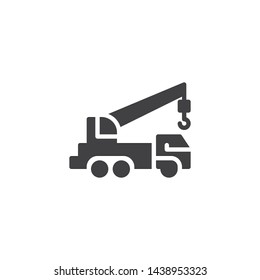 Crane truck vector icon. filled flat sign for mobile concept and web design. Construction service truck with hook glyph icon. Symbol, logo illustration. Vector graphics
