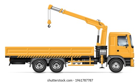 Crane truck vector illustration view from side isolated on white background. Construction and loading equipment mockup. All elements in the groups for easy editing and recolor