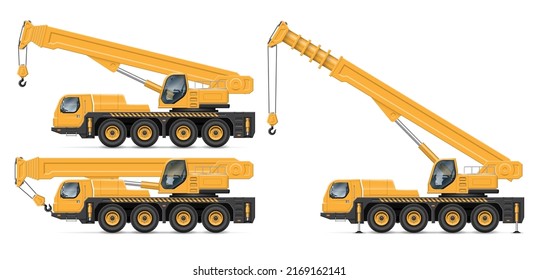Crane truck vector illustration view from side isolated on white background. Construction vehicle mockup. All elements in the groups for easy editing and recolor